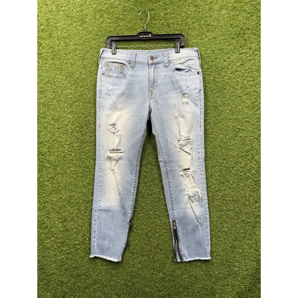 True Religion Jeans Mens 33 Finn Slim Tapered Ankle Zippers Frayed Hem y2k